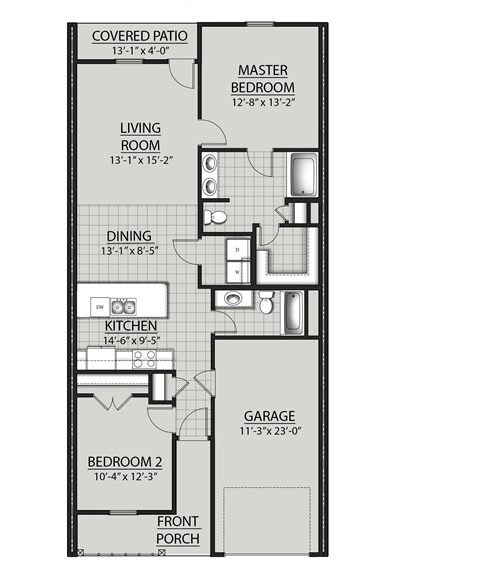 A floor plan of a house with a master bedroom, two living rooms, a dining room, a kitchen, a garage, and a covered patio.